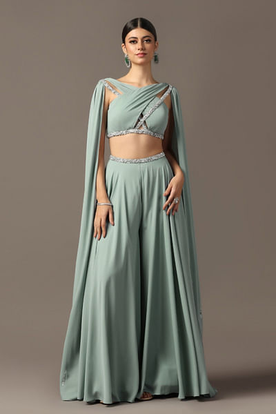 Sea green sequin embroidered sharara set