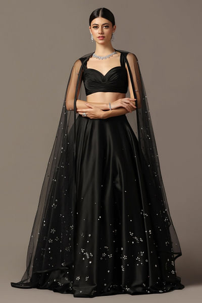 Black floral crystal embroidered lehenga set