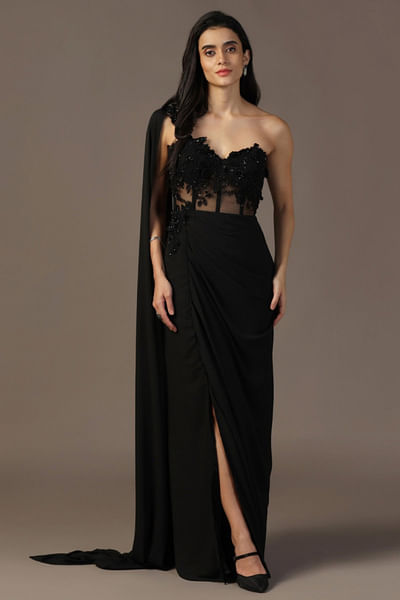 Black 3D floral bead embroidered draped gown