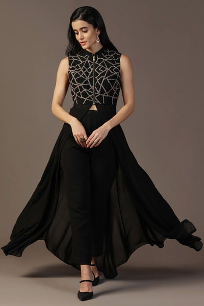Black bead embroidered jacket kurta set