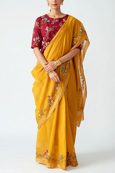 Mustard chanderi woven sari set