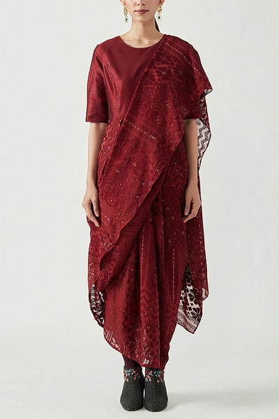 Wine draped sari dress
