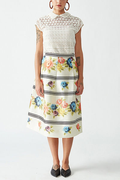 Ecru floral and striped skirt