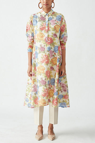 Ecru floral printed tunic set
