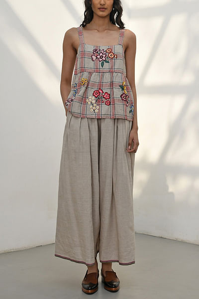 Beige floral embroidered checkered peplum top