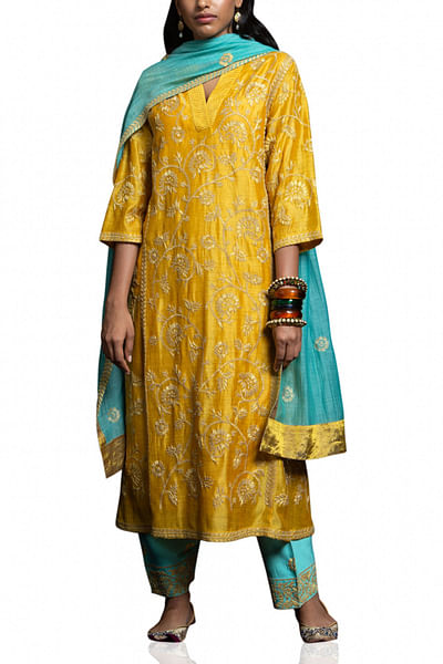 Yellow & blue embroidered kurta set