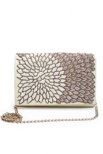 Brown and gold embroidered clutch