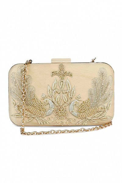 Golden peacock embroidered clutch