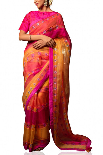 Pink and orange embroidered sari set