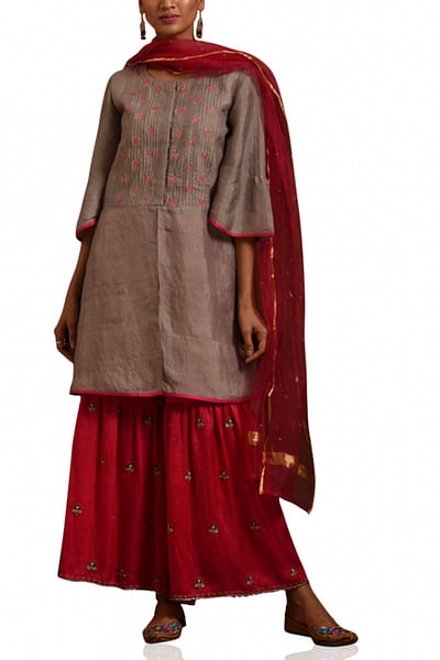 Grey and pink embroidered tunic set