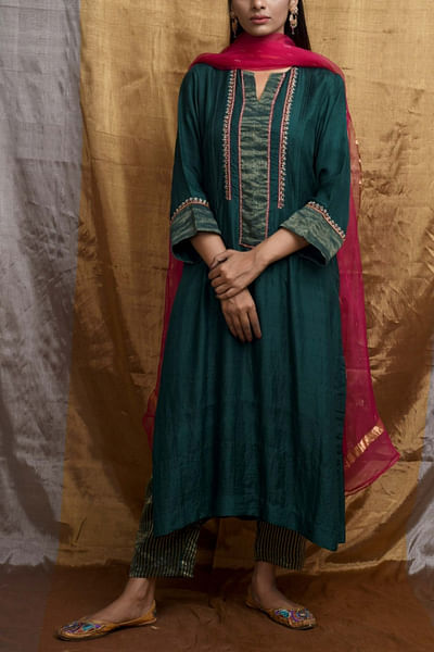 Dark green silk kurta set