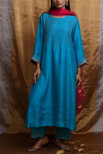 Turquoise silk kurta set