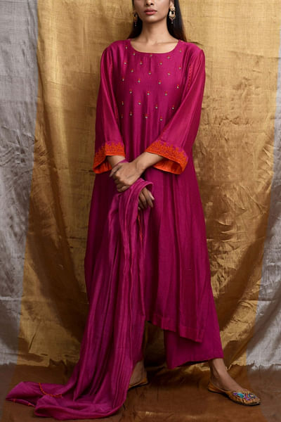 Wine cotton silk kurta set