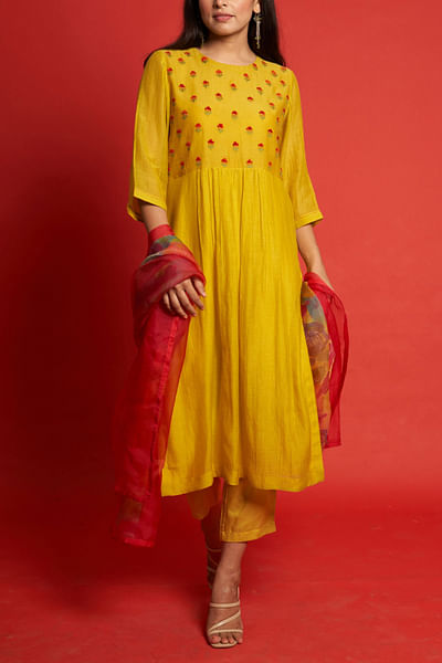 Yellow cotton silk mul kurta set