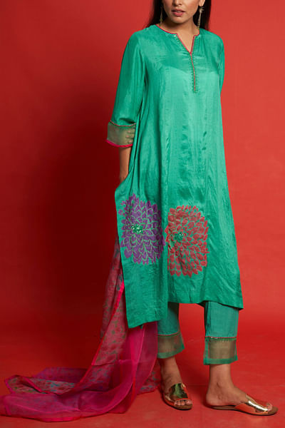 Green mulberry silk kurta set