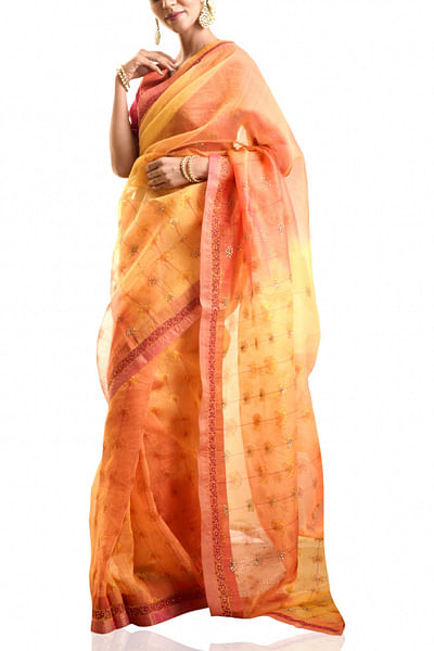 Orange embroidered silk sari set