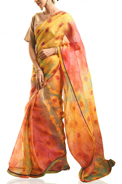 Multicoloured embroidered silk sari set