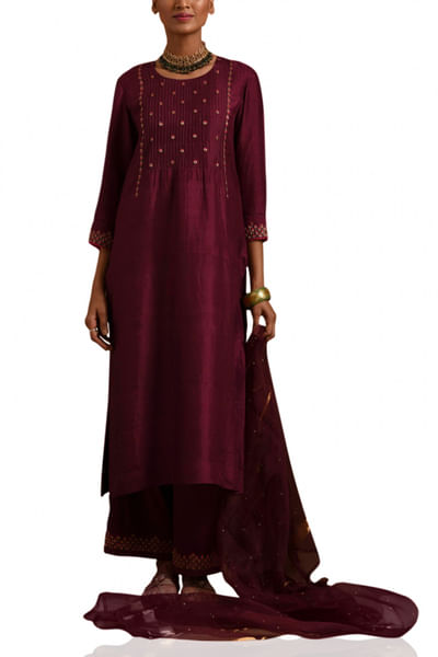 Wine embroidered kurta set