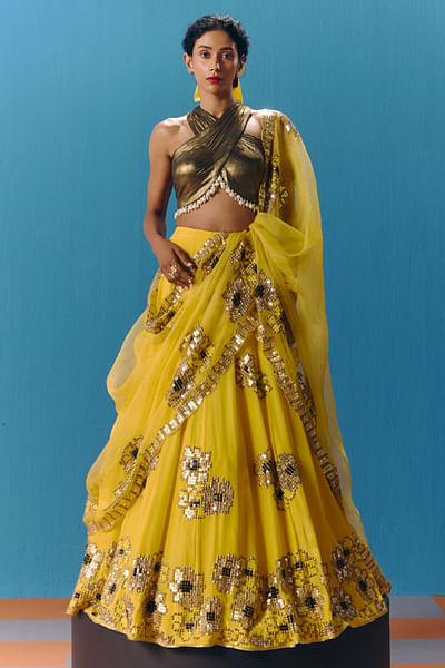 Yellow sequin and pearl embroidery lehenga set