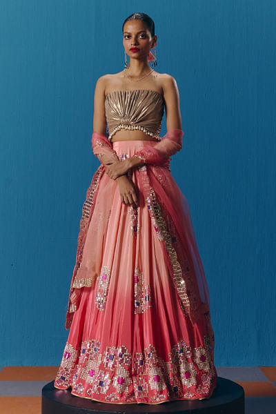 Peachy coral sequin embroidered lehenga set