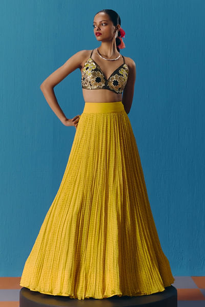 Yellow micropleated lehenga set