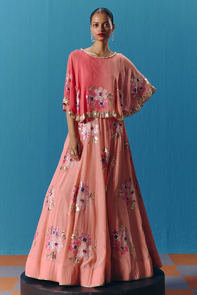 Peachy coral floral embroidered lehenga set
