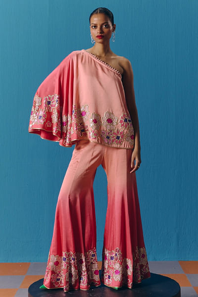 Peachy coral embroidered asymmetric co-ord set