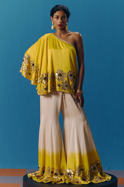 Yellow ivory embroidered asymmetric co-ord set