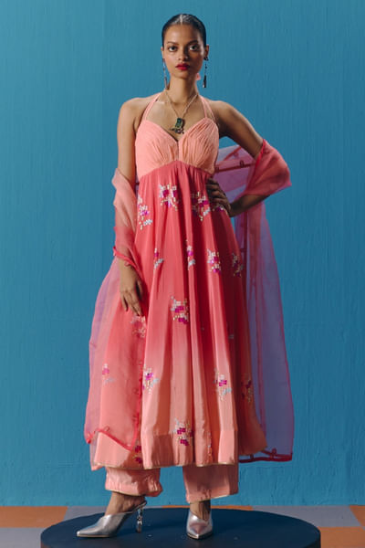 Peachy coral hand embroidered anarkali set