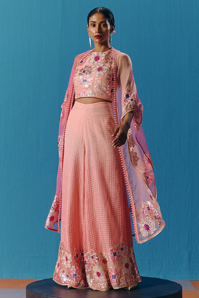 Peachy coral floral hand embroidered cape set