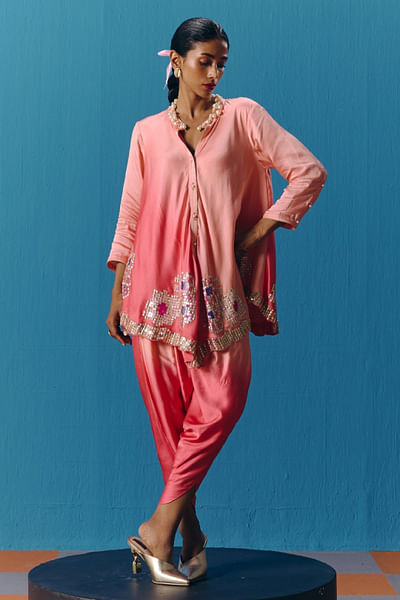Peachy coral floral hand embroidery co-ord set