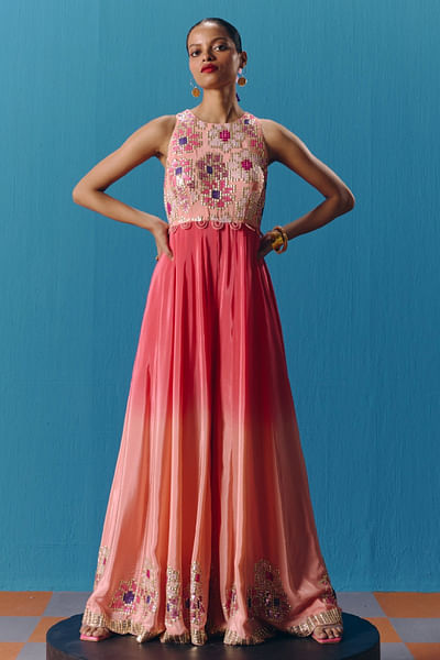 Peachy coral floral hand embroidered jumpsuit