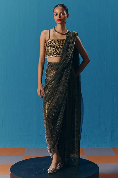 Gold and black embellished pre-draped sari set