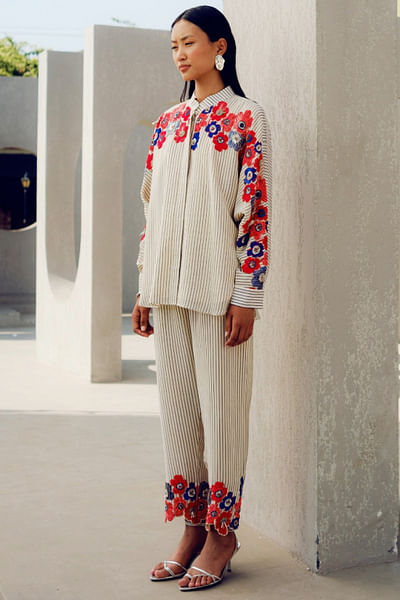 Off-white floral embroidered striped shirt