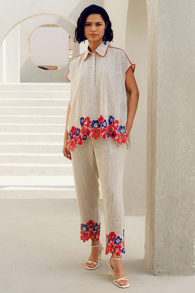 Off-white floral embroidered striped top
