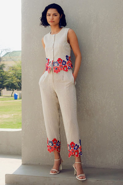 Off-white floral embroidered striped pants
