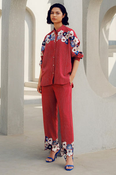Red floral sequin embroidered striped shirt