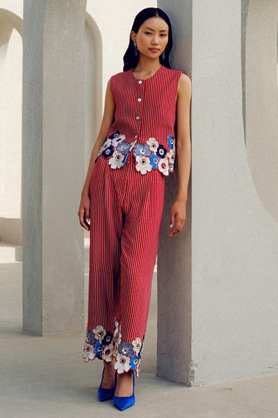 Red floral sequin embroidered striped co-ords