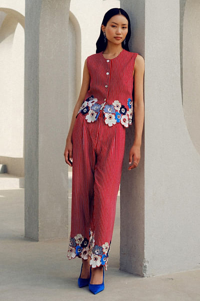 Red floral sequin embroidered striped pants