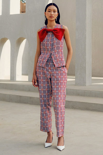 Red geometric print bow detail jacket set