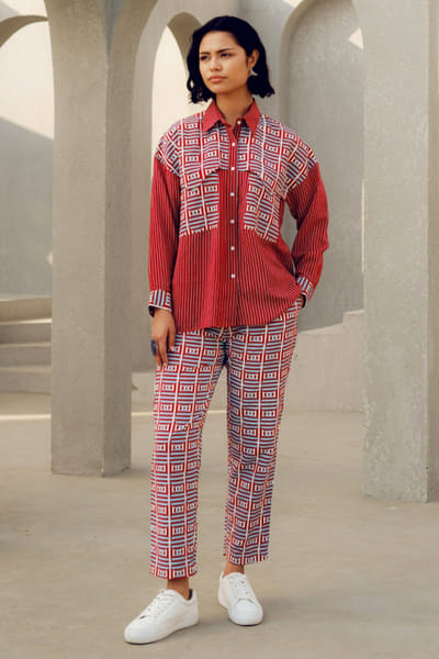Red geometric and stripe printed shirt