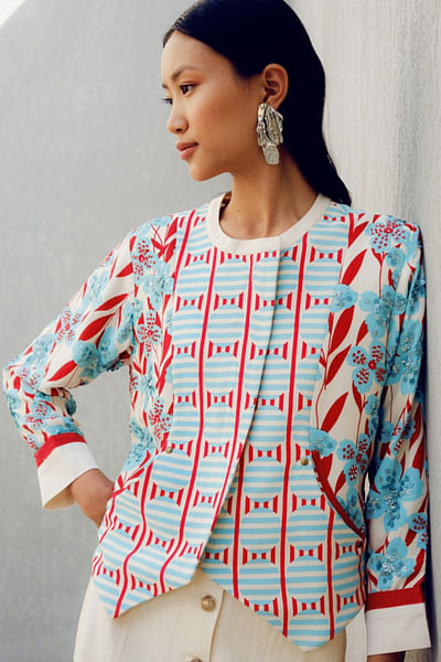 Multicolour geometric floral printed jacket