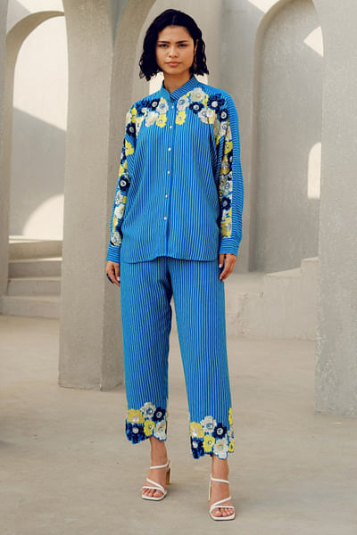 Blue floral sequin embroidered striped shirt