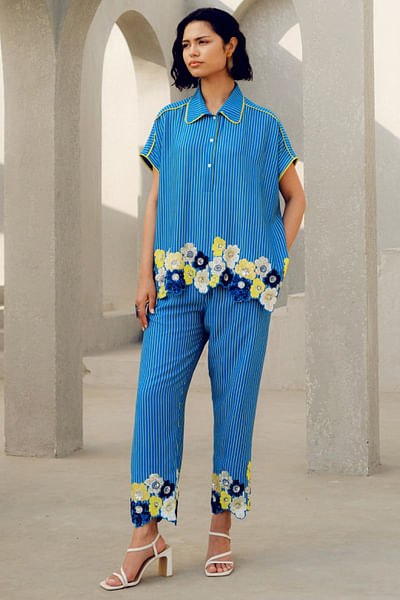 Blue floral sequin embroidered striped top
