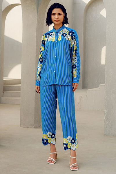Blue floral sequin embroidered striped pants