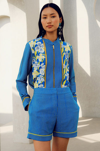 Blue floral and stripe printed zip shirt