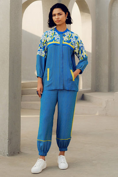 Blue floral and stripe printed track suit