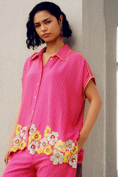 Pink striped floral sequin embroidered shirt