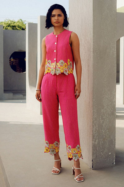 Pink floral sequin embroidered striped co-ords