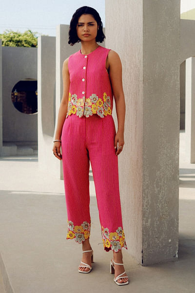 Pink floral sequin embroidered striped pants